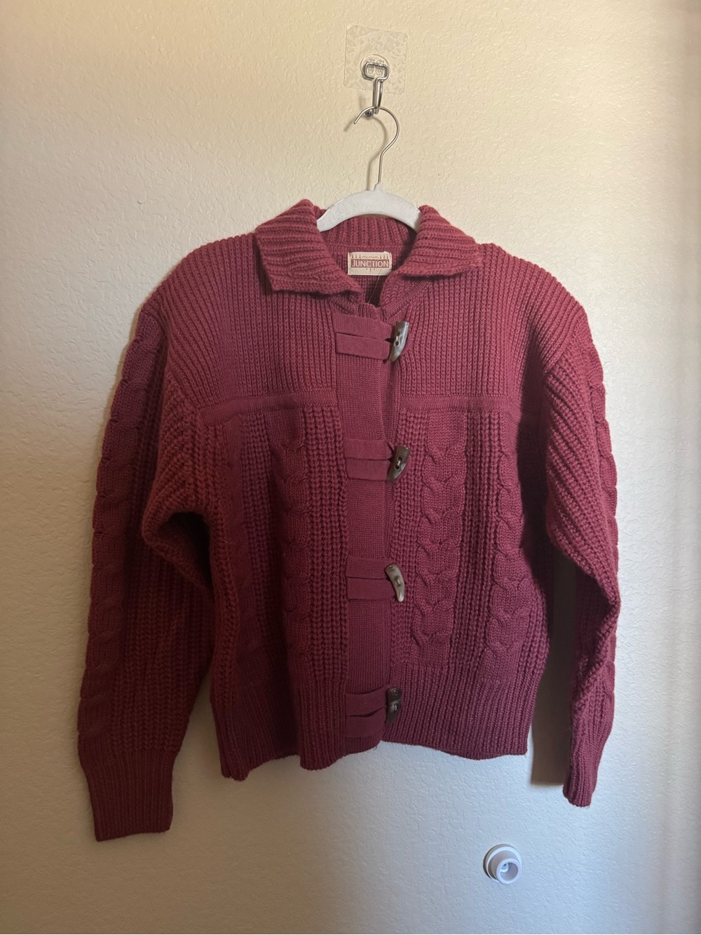 Vintage Chunky Cable-Knit Wool Toggle Sweater Jacket Brick Red NEW Cabincore
